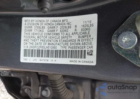 2020 Honda Civic Lx z USA, uszkodzony, nr VIN 2HGFC2F60LH510990